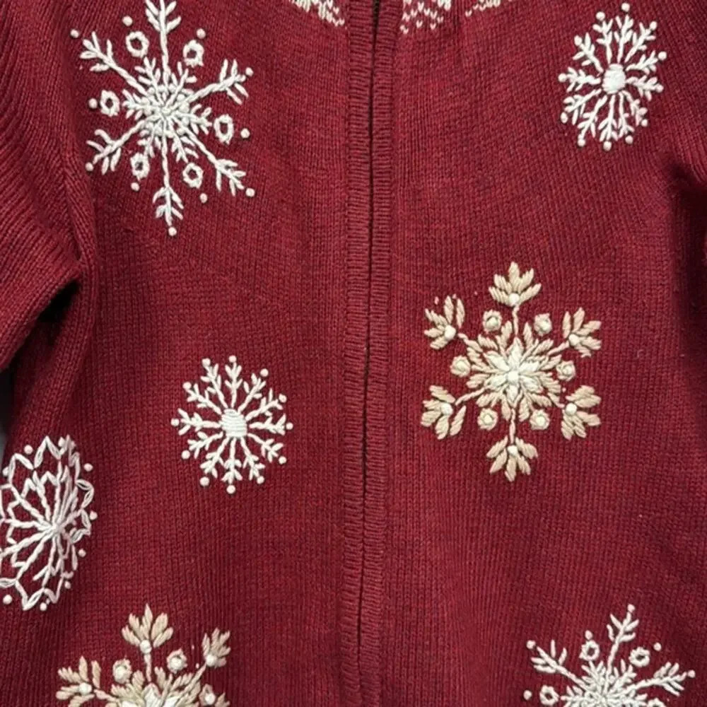 Women's Croft & Barrow Red White Christmas Snowflake Zip Up Sweater Size‎ Medium - Picture 5 of 7